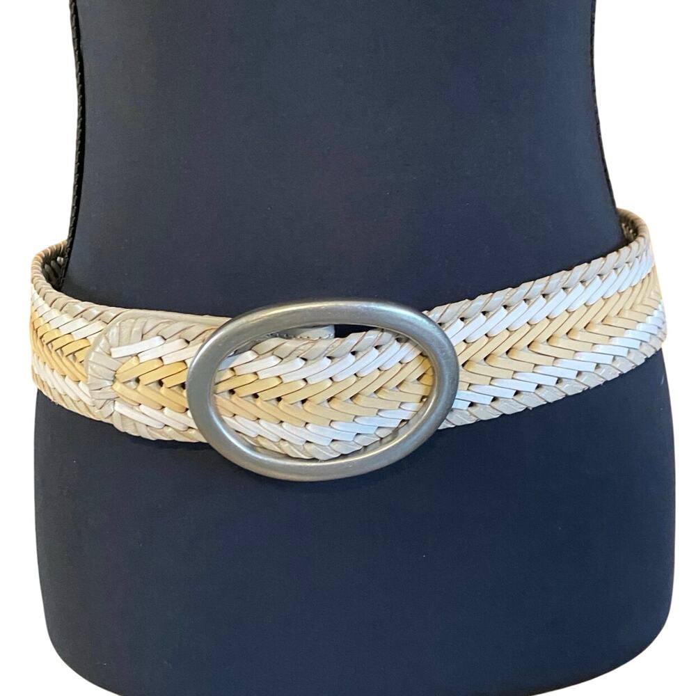Vintage Woven Straw Boho Belt Oval Silver Buckle Neutral Tan White Size M/L